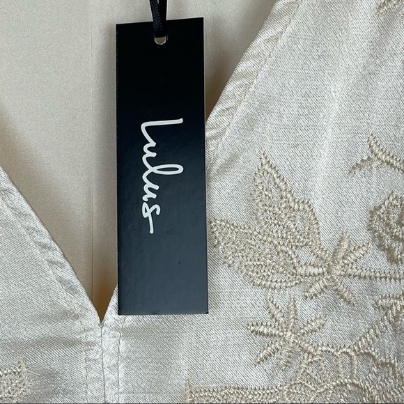 LULUS THESE WORDS LIGHT BEIGE SATIN KIMONO SLEEVE DRAWSTRING EMBROIDERED DRESS - Picture 13 of 16